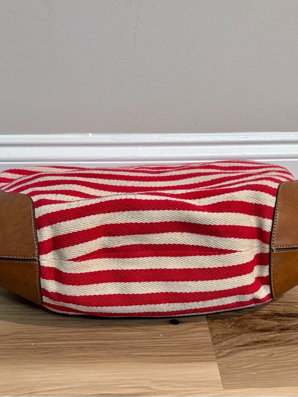 Lauren Ralph Lauren Red and Cream Striped Canvas Hobo with Brown Leather Trim
